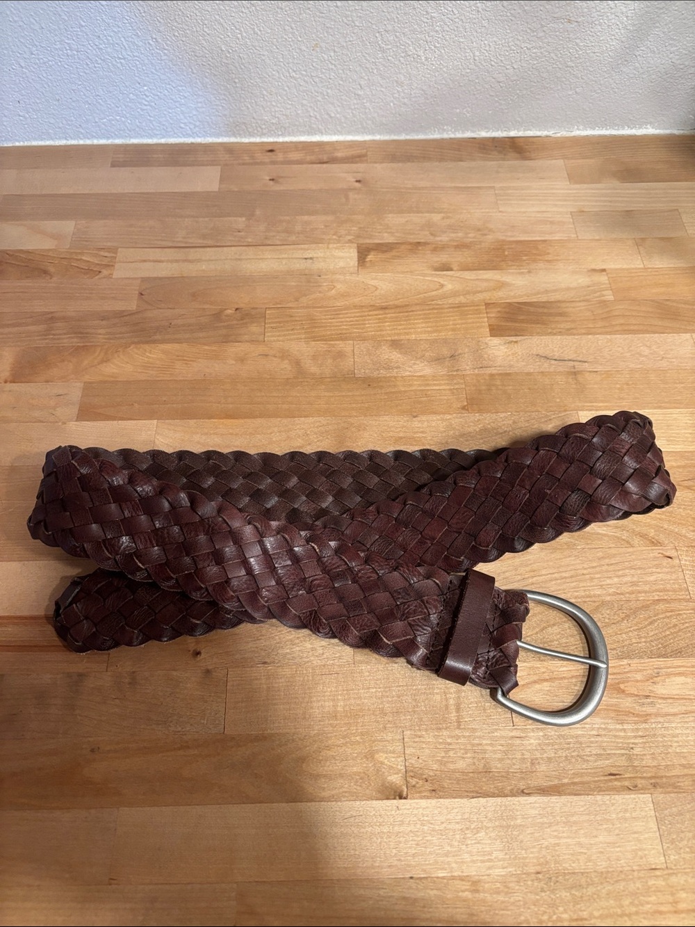 Woven Dark Brown Leather Belt with Brushed Silver Buckle